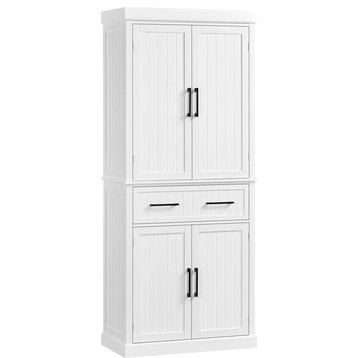 Farmhouse Pantry Cabinet, Drawer With Metal Handles & Adjustable Shelves, White