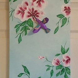 Hummingbird Floral Artwork 3D Canvas 12"W x 36"H ~ Artist Lorraine Blasetti - Mixed Media Art