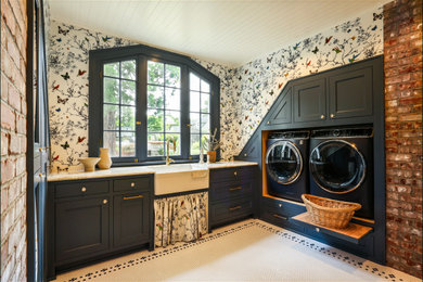 Example of a large classic u-shaped porcelain tile, multicolored floor, shiplap ceiling and wallpaper dedicated laundry room design in Portland with an undermount sink, shaker cabinets, blue cabinets, marble countertops, multicolored walls, a side-by-side washer/dryer and white countertops