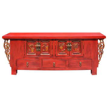 Chinese Distressed Red Dragon Motif TV Console Table Cabinet Hcs5728