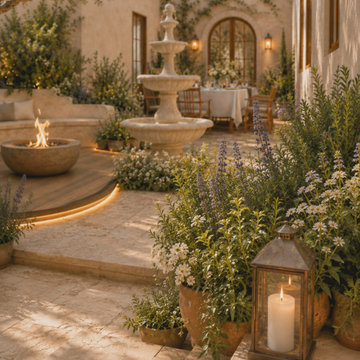Mediterranean Courtyard Concept — Tiered Fountain and Evening Lighting