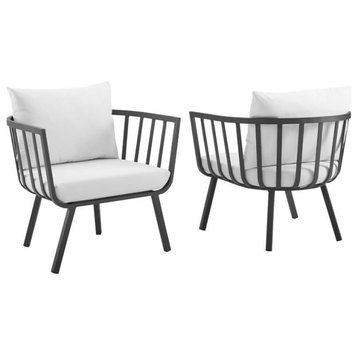 Modway Riverside Modern Fabric Outdoor Armchair in Slate/White (Set of 2)