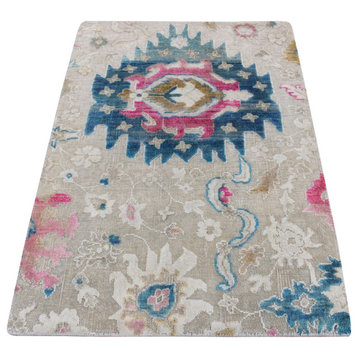 Gray Hand Knotted Oushak Design Silk With Wool Mat Rug 2' x 3'