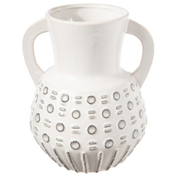 Round Bellied Ceramic Vase with Handles and Bubble Design Gloss White Finish