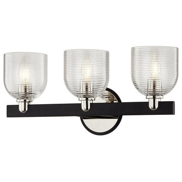 Munich 3 Light Vanity,Carbide Black & Polished Nickel Finish,Clear Ribbed Glass