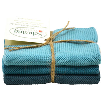 Solwang Design 3-Piece Danish Cotton Dishcloths | 100% Certified Organic Cotton, Organic Azure Blue Combi