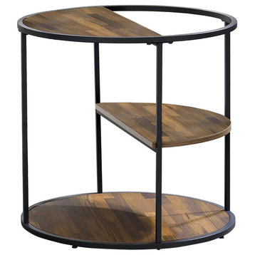 Contemporary End Table, Metal Frame With Scalloped Walnut Wooden Shelves, Black