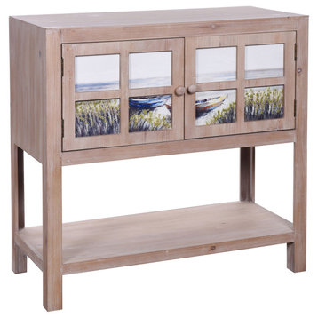 Painted Two Door Fir Wood Cabinet Natural Finish Boat Scene