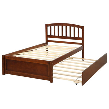 Classic Twin Platform Bed, Pine Frame With Slatted Headboard & Trundle, Walnut