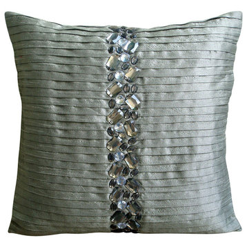 Silver Sofa Pillow Covers Art Silk 20"x20" Pintucks Textured, Crystal Heaven