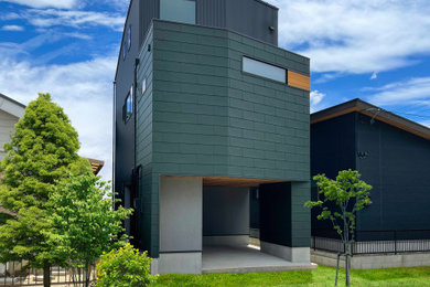 Imagen de fachada de casa verde y negra con tejado plano y tejado de metal