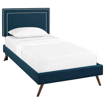 Virginia Twin Upholstered Fabric Platform Bed With Round Splayed Legs, Azure