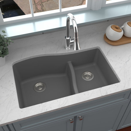 Karran Undermount Quartz 32" 60/40 Double Bowl Kitchen Sink, Grey