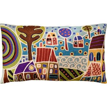 Houses & Trees By Water Karla Gerard Pillow Cover Handembroidered Wool 14"x24"