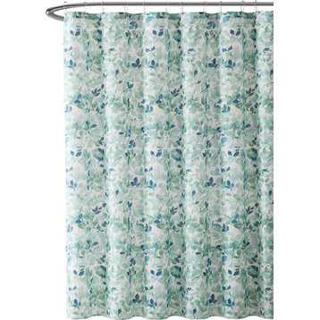 Lush Nature Bathroom Shower Curtain, Teal Green White Leaf Pattern on Faux Linen