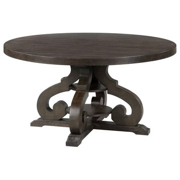 Rustic Dining Table, Round Shaped Top & Intricate Trestle Base, Smoky Walnut