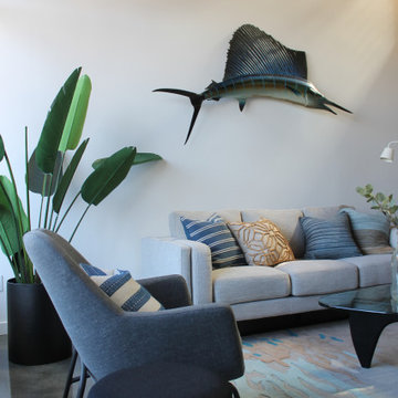 Teal and Blue Living Room with Stuffed Marlin Replica