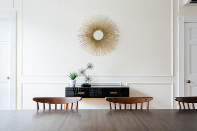 Large transitional carpeted enclosed dining room photo in New York with beige walls and no fireplace