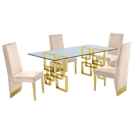 Rectangular Clear Glass 5pc Dining Set with Gold Stainless Steel Base