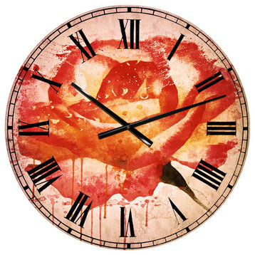 Red Rose Hand Drawn With Splashes Floral Large Wall Clock, 23x23