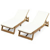 Astrid Outdoor Acacia Wood Chaise Lounge and Cushion Sets, Set of 2, Cream