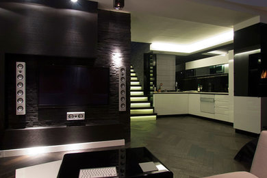 Large elegant underground dark wood floor basement photo in Tampa with black walls
