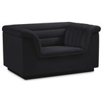 Meridian Furniture - Cascade Upholstered Set, Black, Velvet, Chair - Add instant modern pizzazz to your living room or den with this Cascade velvet fabric chair. Upholstered from top to bottom in soft black velvet upholstery, this chic chair adds contemporary flair to any space you choose to use it in. Curved arms and a sleek profile make this chair beautiful to behold while deep channel tufting adds to its long-term durability and adds a textural feel. Thickly padded arms, back and seat make this chair perfect for curling up in while watching TV or reading the latest bestseller.
