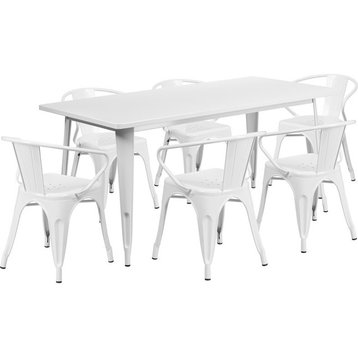Flash Commercial Grade 31.5" x 63" RectWhite Metal Table Set, 6 Arm Chairs
