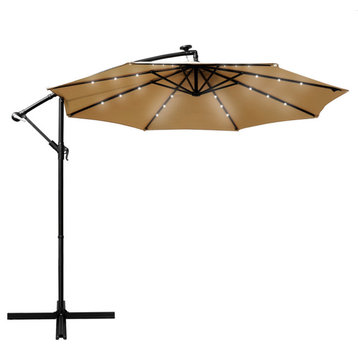 LeisureMod Willry 10' Cantilever Hanging Patio Umbrella With Solar LED, Beige