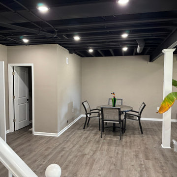 Transitional Basement With Under-Stair Wet Bar