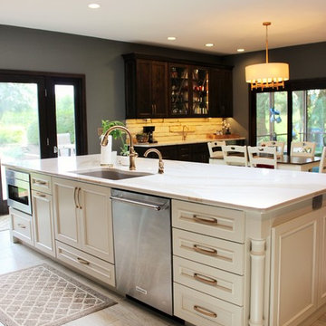 Rustic Alder Gray Stained Kitchen with White Hutch and Island