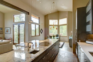 Large trendy galley ceramic tile and brown floor open concept kitchen photo in Denver with flat-panel cabinets, dark wood cabinets, granite countertops, an island, stainless steel appliances, brown backsplash, mosaic tile backsplash and an undermount sink