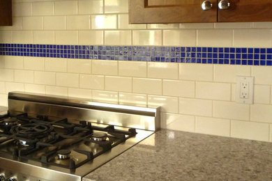 Kitchen - modern dark wood floor kitchen idea in Los Angeles with shaker cabinets, dark wood cabinets, quartz countertops, white backsplash, subway tile backsplash and stainless steel appliances
