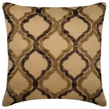 Beige Throw Pillow Cover, Lattice Trellis Geometric 22"x22" Linen, Gold