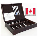 American Chest - #FCan1 Canadian MONTREAL Flatware Chest; Solid Basswood w/ DARK Mahogany finish - #FCan1 Canadian MONTREAL Flatware Chest; Solid Basswood with DARK Mahogany finish holds Service for 12.  12-Knife Rack in the lid; 10-Slot Flatware Rack in the deck along with TWO 6-Blade Spreader Blade Racks; 1 in each Front Deck Corner.  Made in CANADA for American Chest