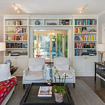 White built-in bookshelves