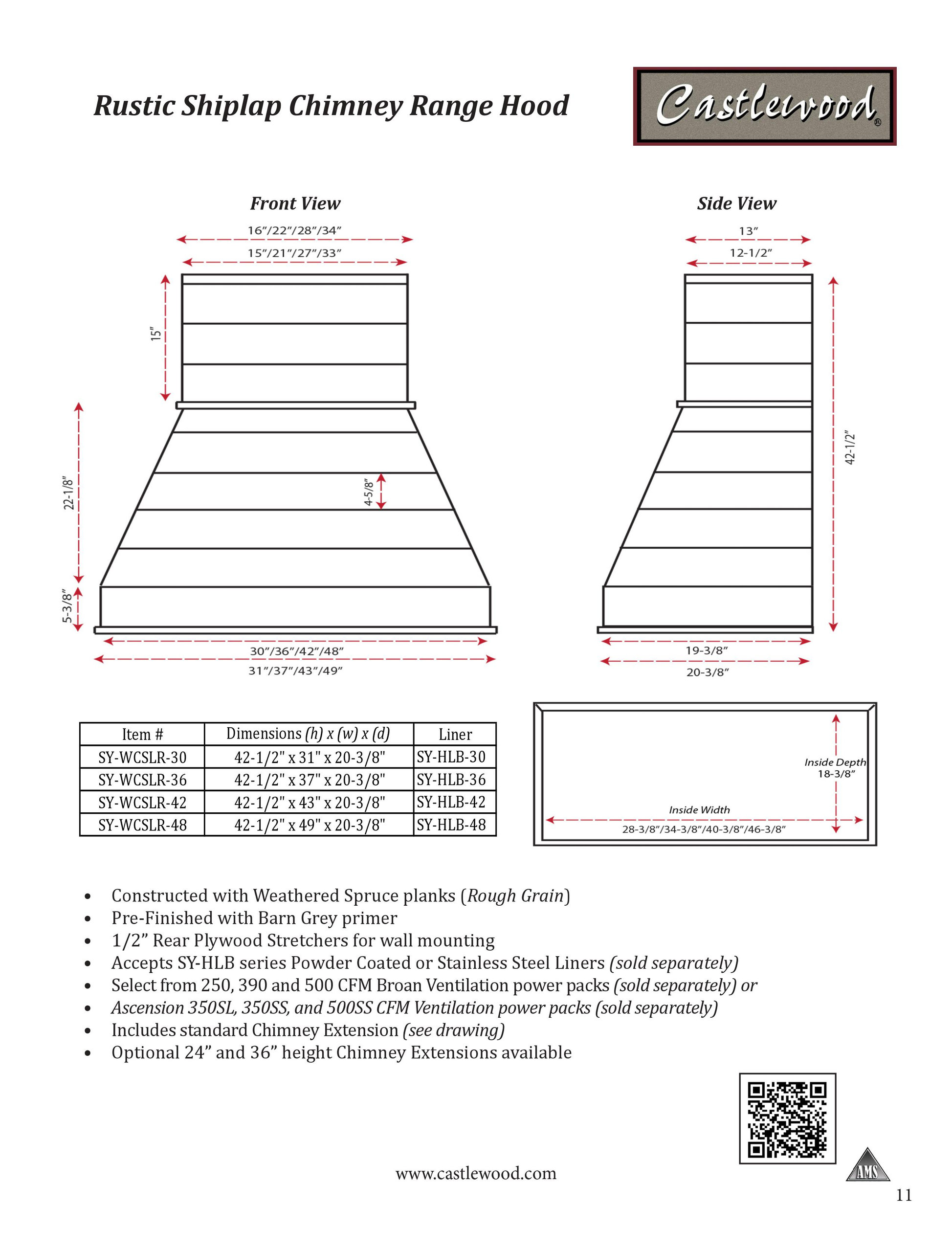 Castlewood Rustic Shiplap Chimney Range Hood - Brown, 30" (31" W/Trim), No Ventilator or Liner