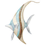 HS Seashells - Seaside Banner Fish Metal and Capiz Shell Wall Art - Tall and lovely, this swimming Banner Fish wall decor is beachy and fun, with subtle natural colors of silver, pale blue, warm brown and creamy white.  Made with metal and inlaid natural capiz shell that glistens in the light. At 16" tall, this banner fish looks great in the home or office.  Makes a great gift for anyone who loves the sea!   Similar fish also available in table top decor (sold separately).