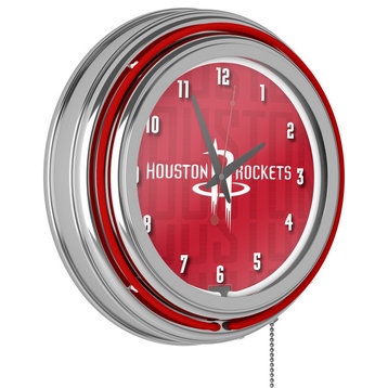 NBA Chrome Double Rung Neon Clock, City, Houston Rockets