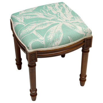 Tropical Floral-Aqua, Linen Upholstered Vanity Stool, Aqua