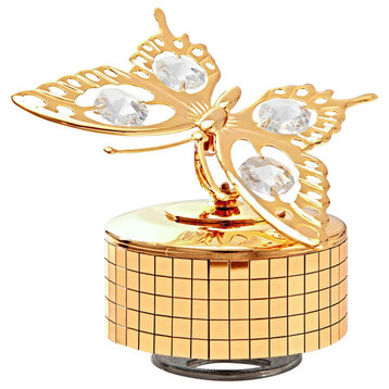 24K Gold Plated Music Box With Crystal Studded Butterfly Figurine