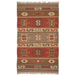 Jaipur Living - Jaipur Living Thebes Handmade Geometric Multicolor Area Rug, 4'x6' - Rich tones and a captivating geometric design combine to create this Southwestern-style area rug. This flatweave jute layer showcases red, gold, rose, and green hues, accented by textured fringe along the edges for an eclectic and subtly rustic look.
