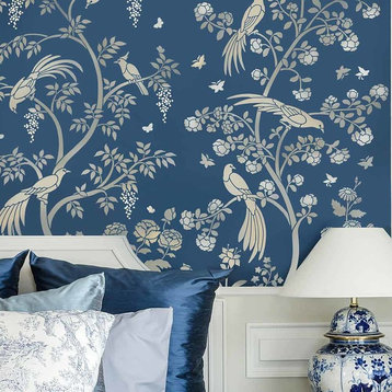 Birds and Roses Chinoiserie Wall Mural Stencil, DIY Asian Garden Decor, Large