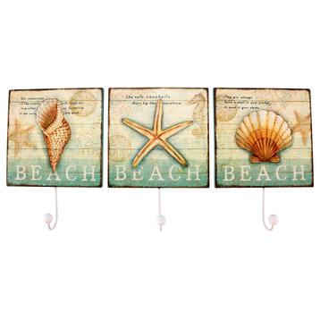Wood Shell Beach Wall Single Hook Plaques 11.25 Inches Set of 3 Ocean Memories