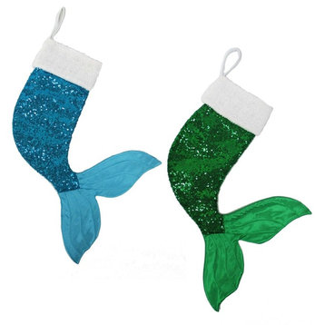 Mermaid Tails Blue and Green Sequins Christmas Holiday Shaped Stockings Set of
