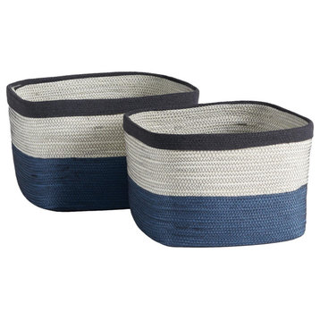 Set of 2 Coastal Casual Natural White Blue Woven Stripe Storage Baskets Large