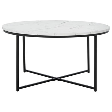 Modern Coffee Table, Crossed Black Metal Base & Circular White Faux Marble Top