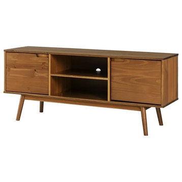 Midcentury TV Stand, Pine Wood Frame, Cabinet Doors With Cut Out Pulls, Caramel