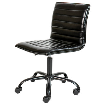 Low Back Designer Armless Ribbed Swivel Task Office Chair, Black Vinyl/Black Fra