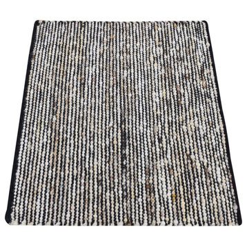 Ivory With Black 100% Wool Hand Loomed Modern Fragment Rug 1'10"x2'1"